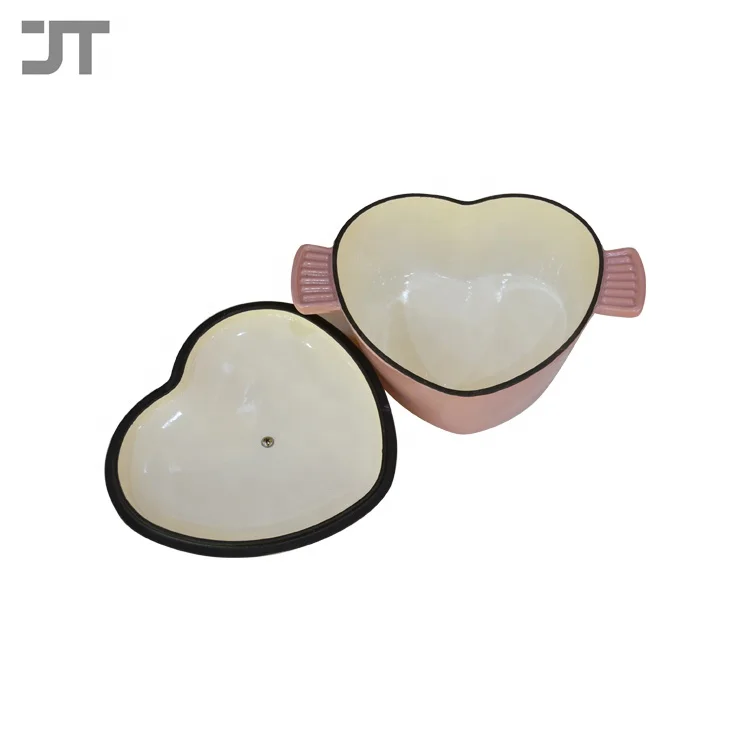21cm China factory price dual handles enamel cast iron pink heart cooking pot set with lid