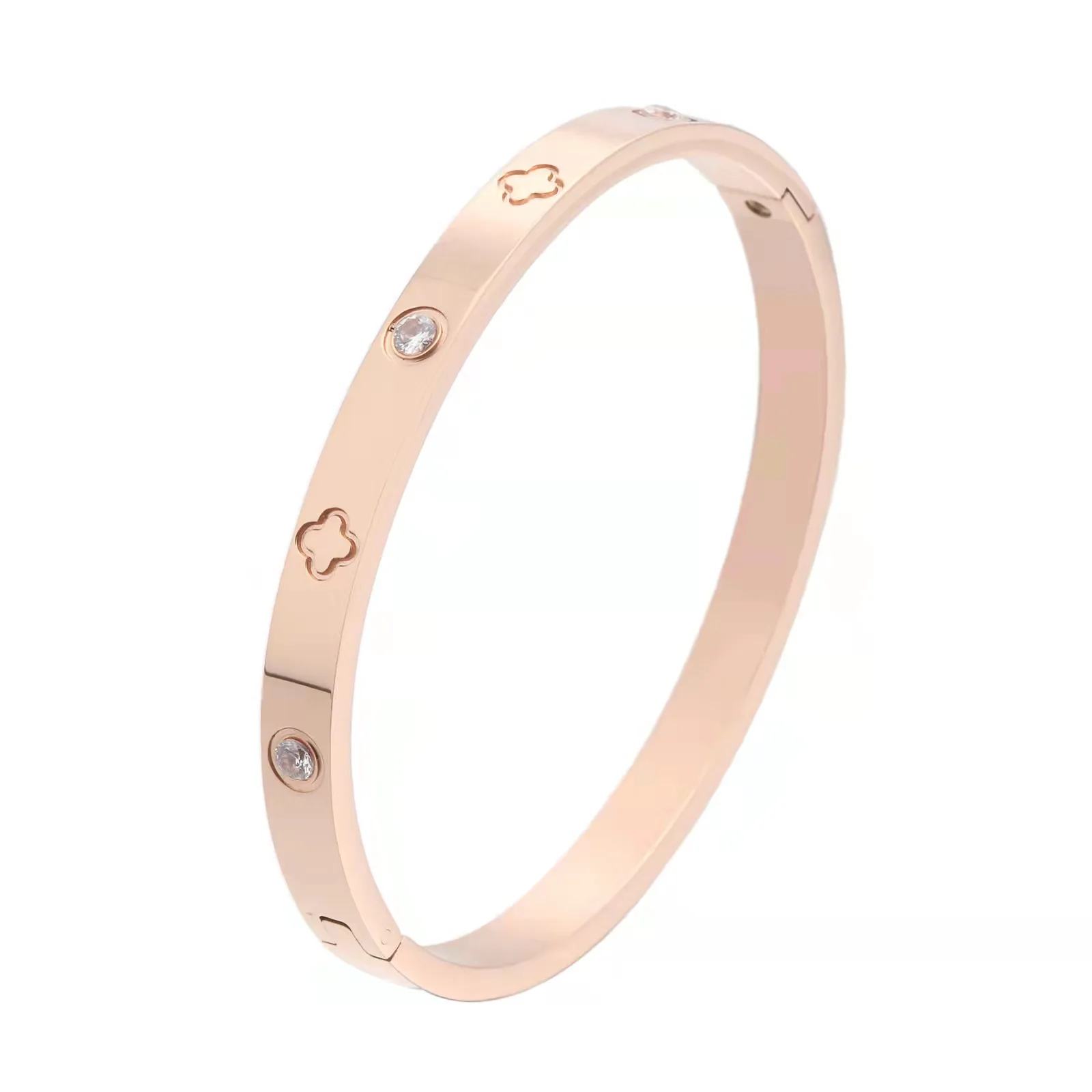 Gold Rose Gold Plated Bangle Bracelet CZ Stone Stainless Steel Cross Four Clover Bangle Bracelets for Women Jewelry