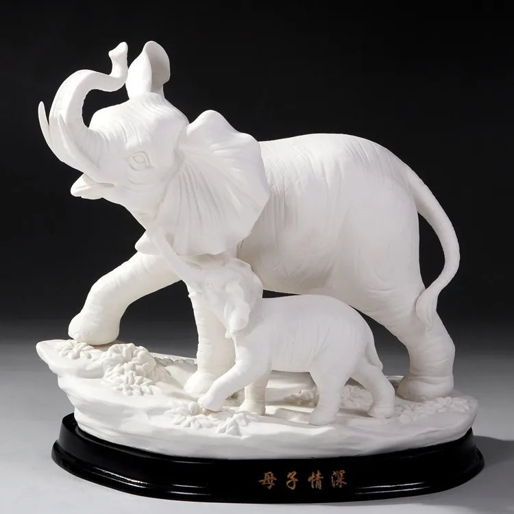 High end home desk decorative accents unique gift white porcelain mother and son elephants figurine ceramic animal statue crafts