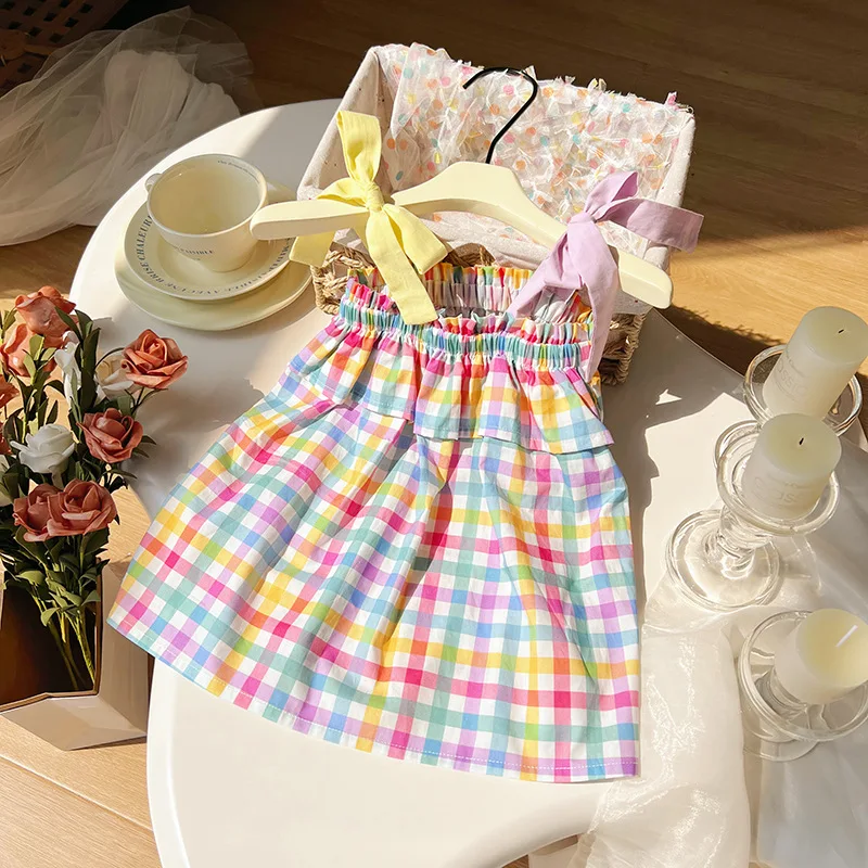 New Summer Korean style infant girls sweet cute rainbow plaid suspender cotton suspender frock skirt high quality for kids girl