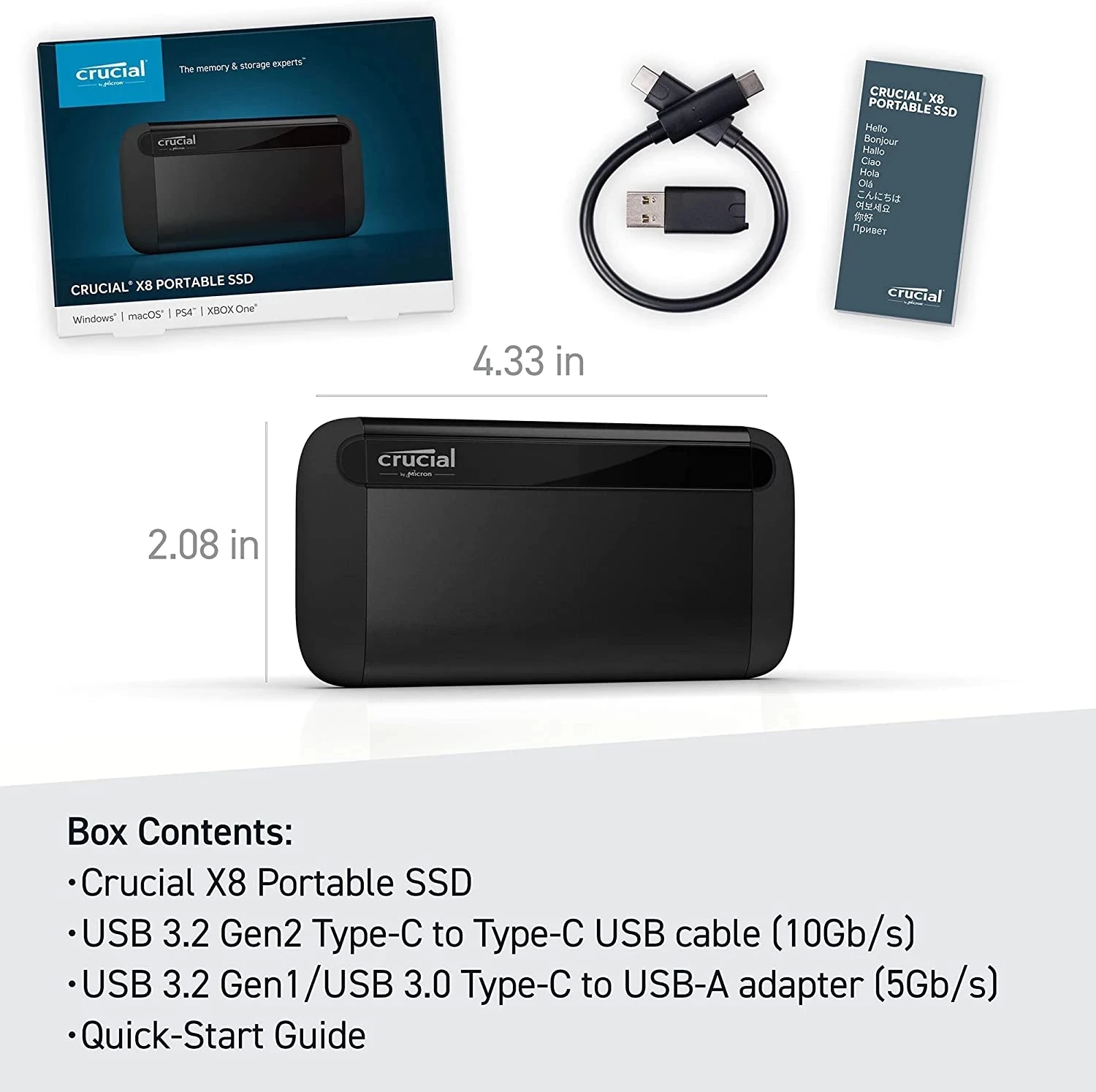 Original Crucial X8 Portable SSD 1TB Hard Drive 2TB 4TB External Solid State Disk Up to 1050MB/s USB 3.2 Type-C Metal Hard Disk