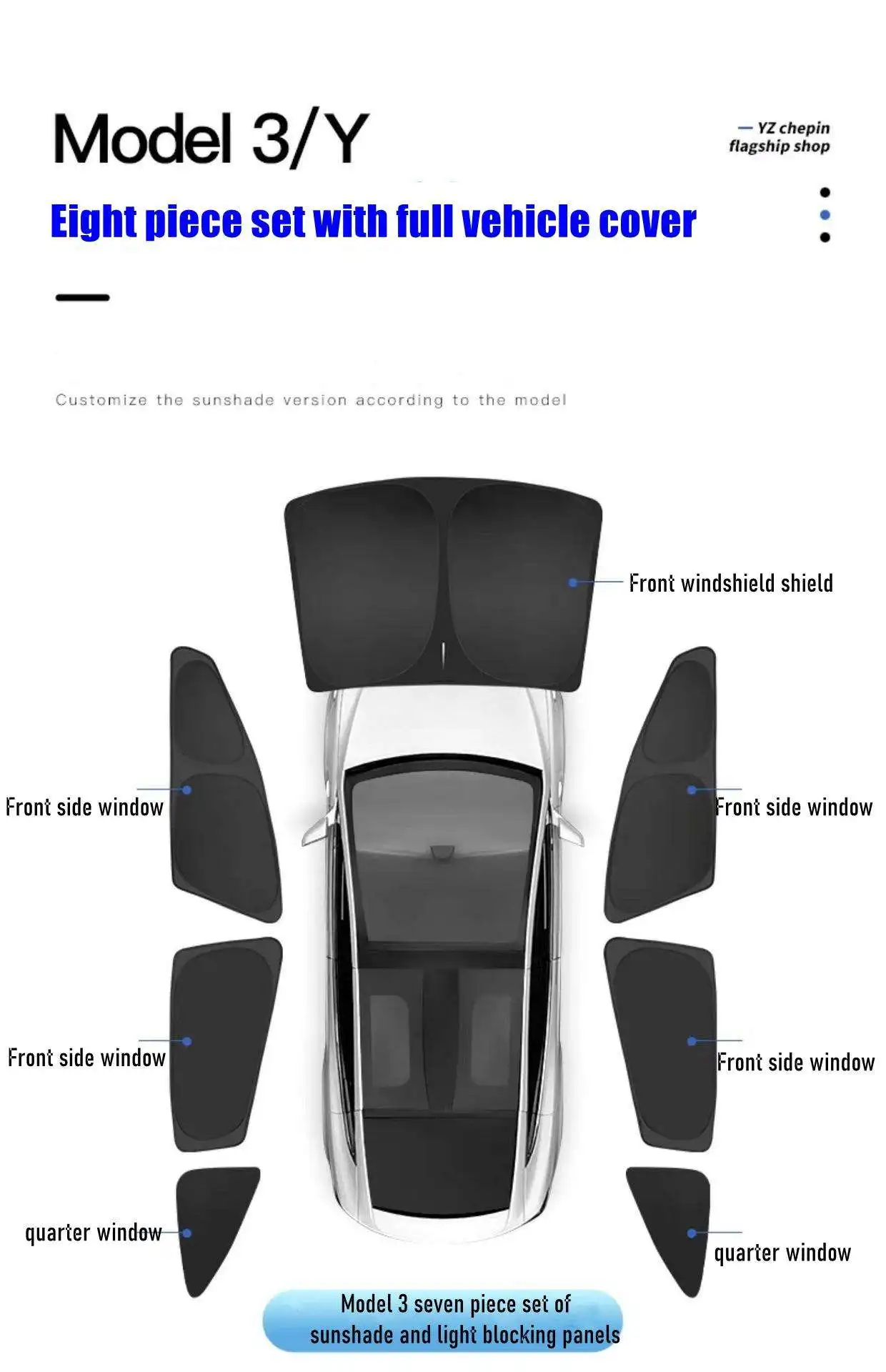 2024 New auto accessories sun uv protection full set 7pcs car window sunshade for tesla model 3 and y
