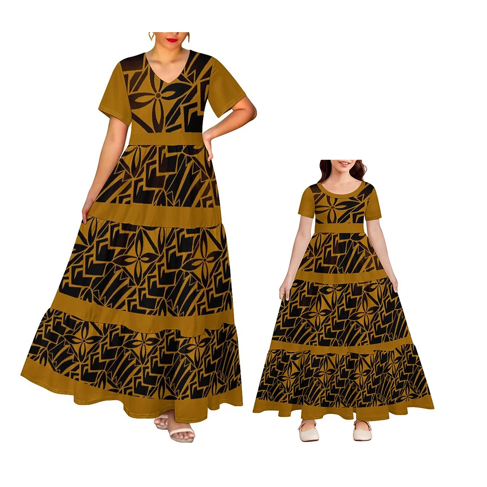 2024 Hot Selling Polynesian Elei Tribal Design Custom Woman Girl V-Neck Short-Sleeved Cake Dress Outfits Family Matching Clothes