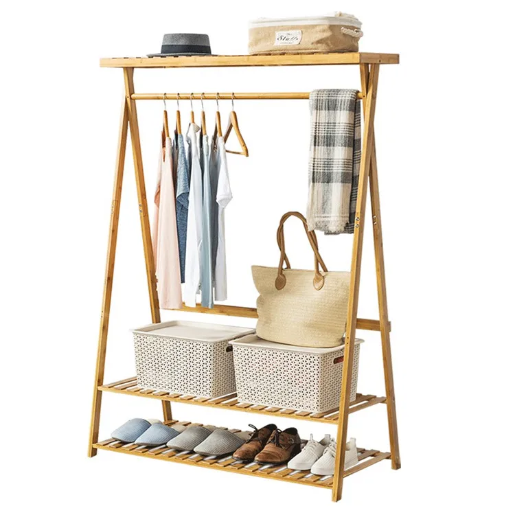 Bamboo Garment Rack Storage Shelves Clothes Hanging Rack with Side Hooks, Heavy Duty Clothing Rack Portable Wardrobe (62258837142)