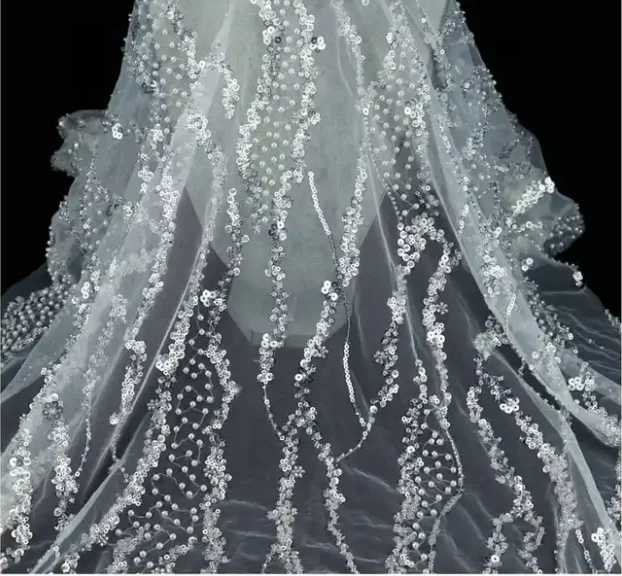 Elegant design ivory soft tulle embroidery beads lace fabric sequin for wedding dress Party dress silver glitter