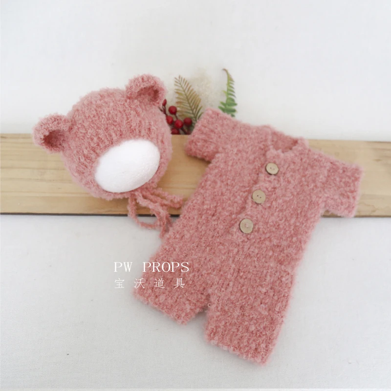 Vintage Knit Newborn Girl Fuzzy Romper Bunny Hat Photography Props Crochet Baby Teddy Bear Outfit Overall Animal Bonnet Set
