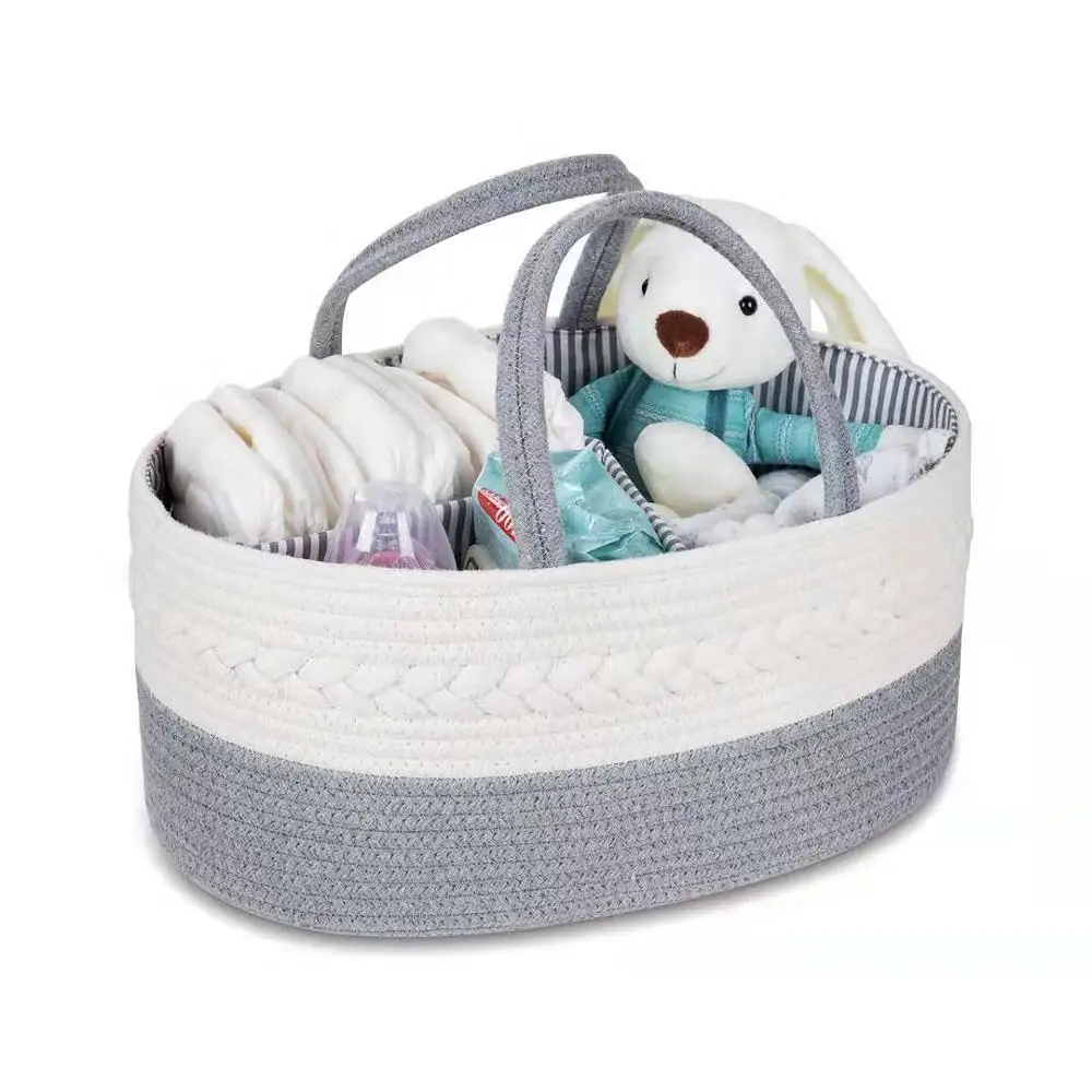 QJMAX Baby Diaper Caddy Organizer Custom Cotton Rope Nursery Storage Bin With Divider Baby Shower Gift Bag