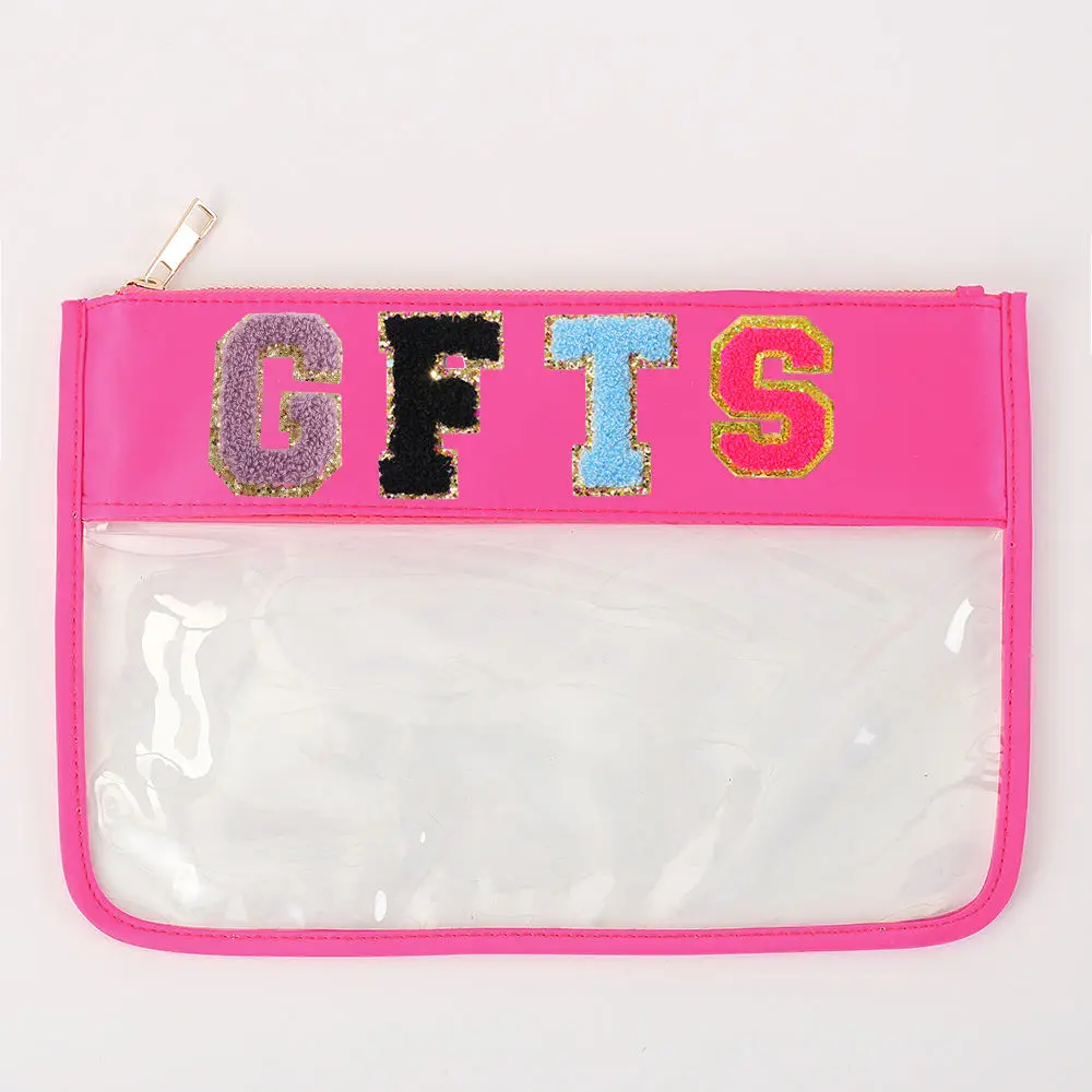 19 Colors Vinyl Flat Plastic Letter Glitter Patches Clear Pvc Makeup Monogram Large Cosmetics Clutch Blank Plain Toiletry Pouch