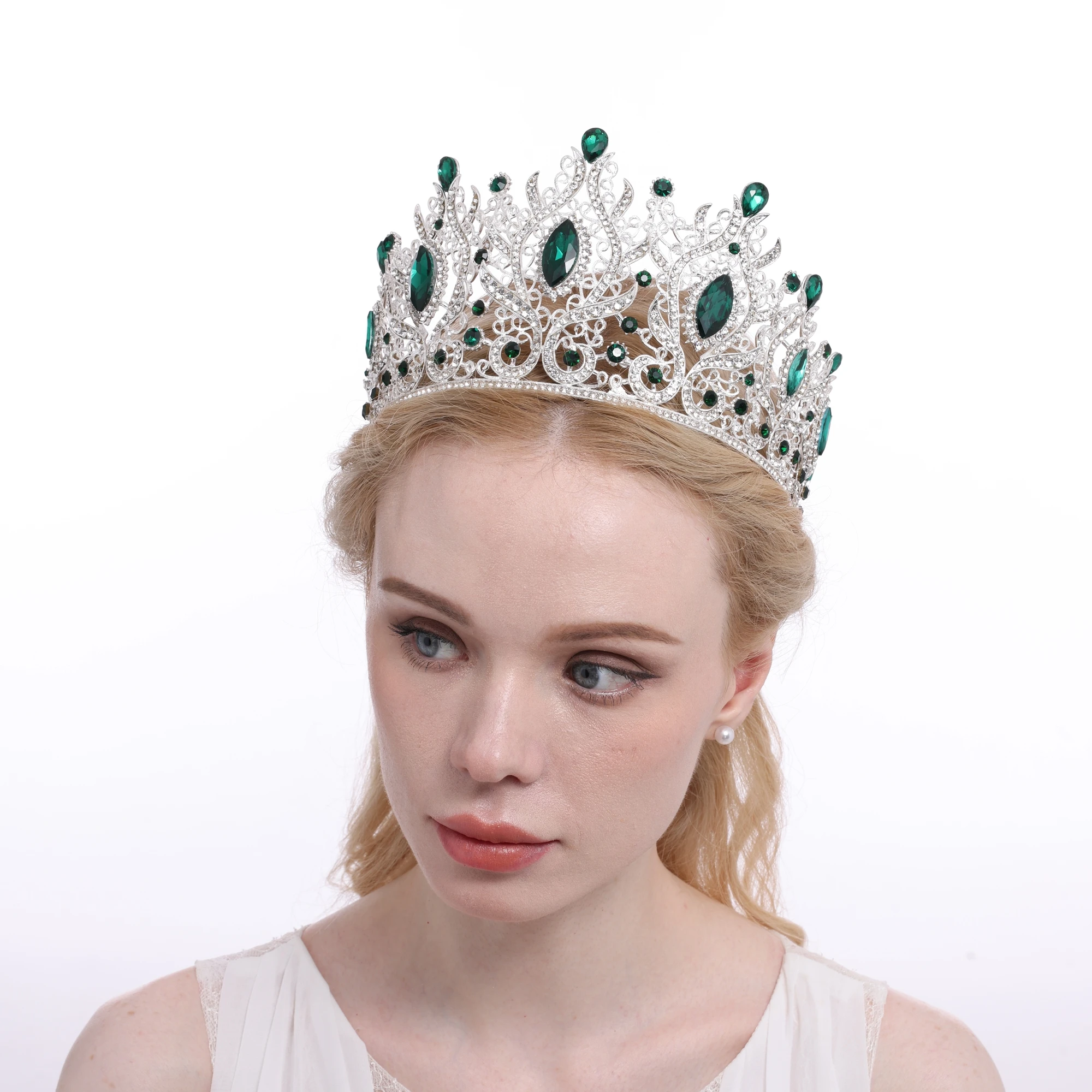Big Luxury Baroque Rhinestone Emerald Green crystal silver Pageant wedding bridal Crowns and Tiaras for queen