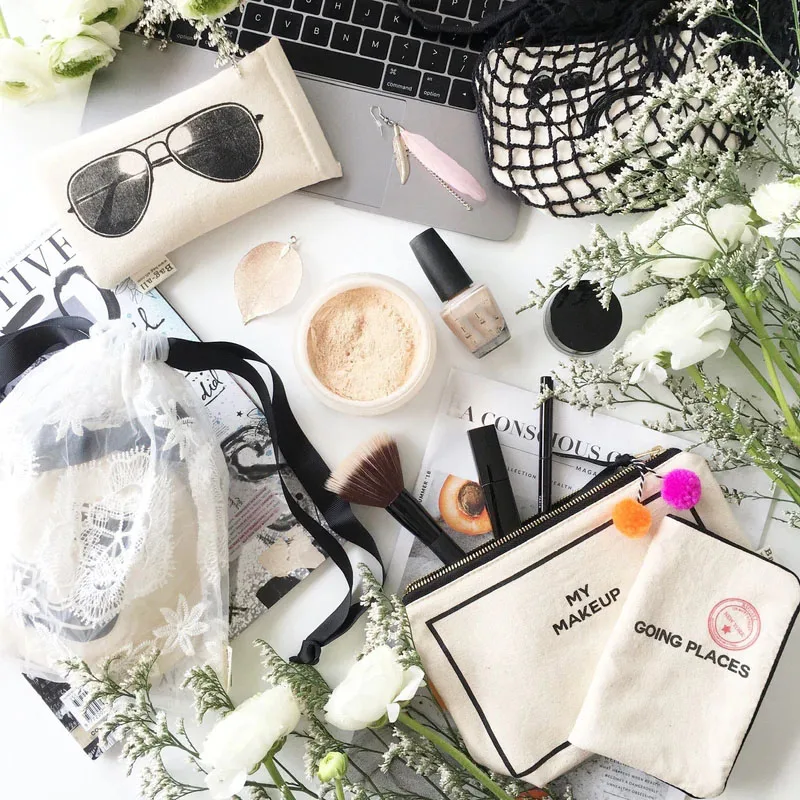 Ginzeal Cosmetic Bag Gifts Custom Logo Printed Zipper Makeup Bag Luxury Cotton Small Canvas Coin Pouch Travel Cosmetic Bag