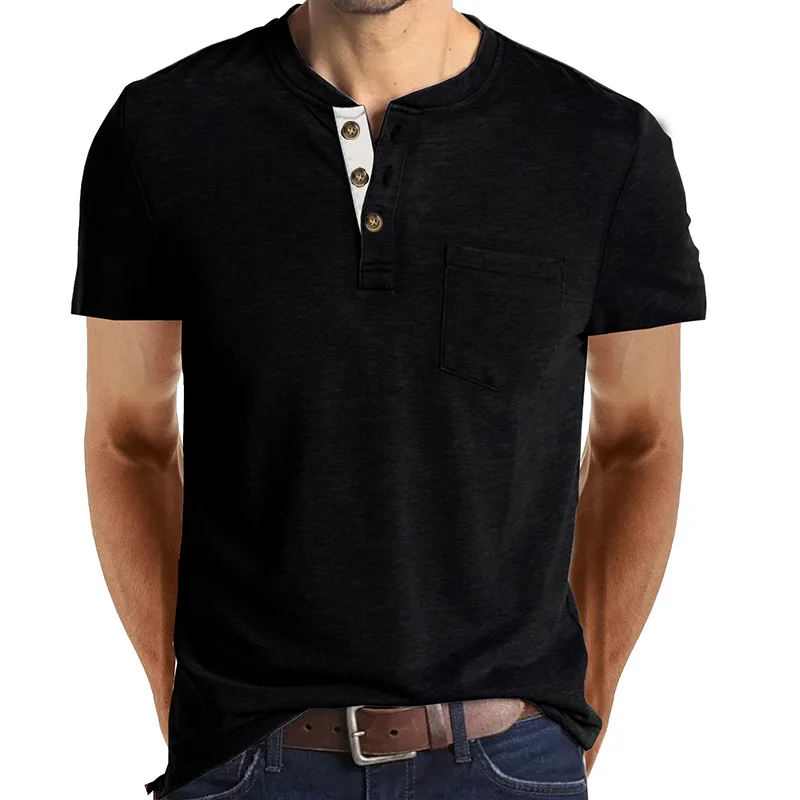 Fashion Design Slim Fit Solid T-shirts Male Summer men button Solid t shirts with pocket