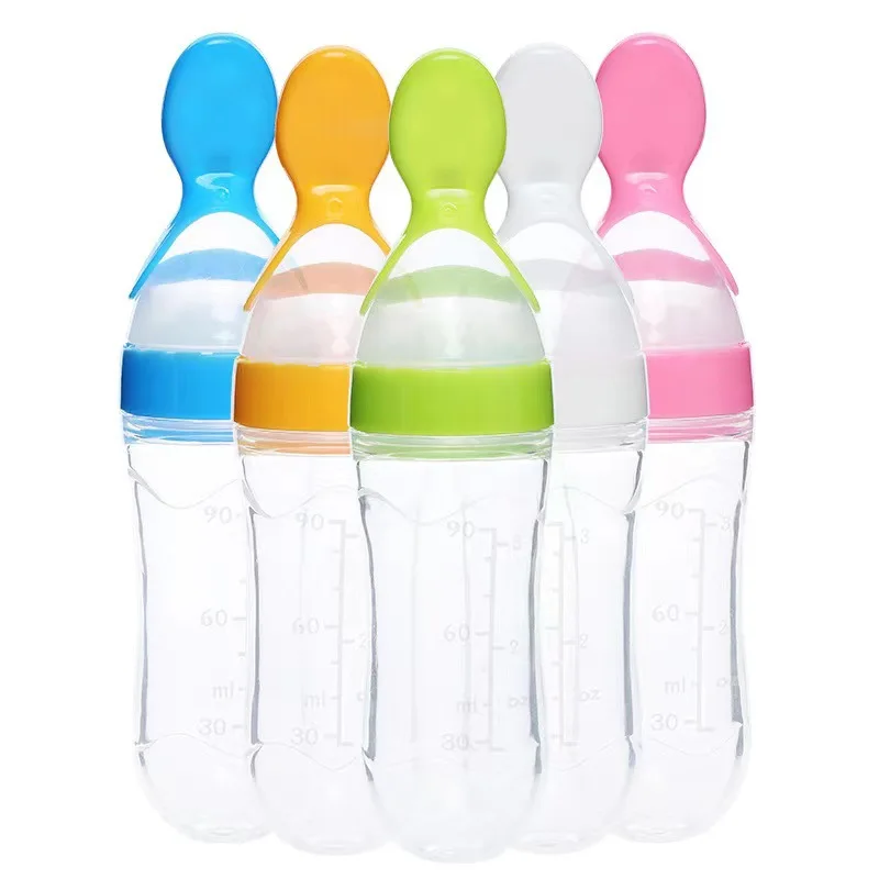 90mL Children Food Rice Paste Spoon,Silicone Baby Toddler Feeding Bottle with Spoon Fresh Food Cereal Squeeze Feeder