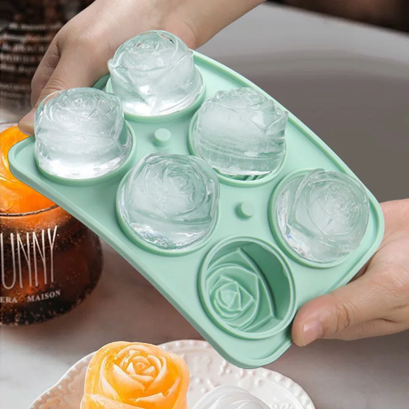 2023 New Arrivals Custom Logo 3d Rose Ice Cube Mold 4 Cavity Rose Shape Silicone Ice Lattice Cube Tray With Lid