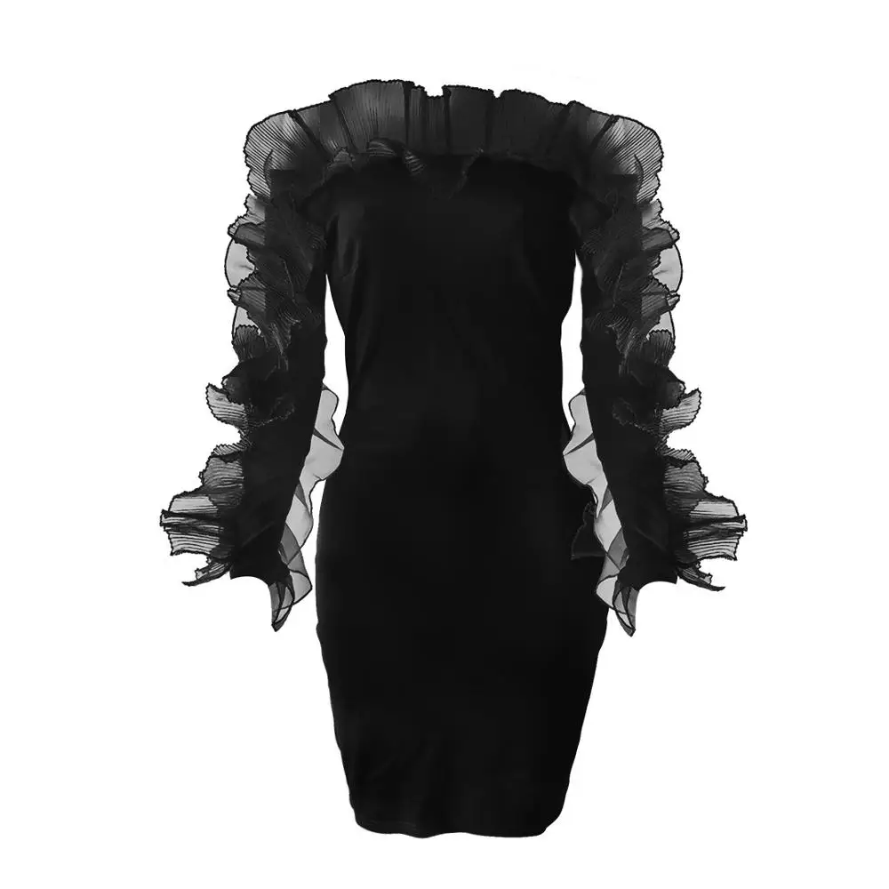 Sexy Mini Off Shoulder Bodycon Chic Ruffles Patchwork Lady Club Dress
