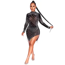 New Sexy Nightclub Net Yarn Perspective Hot Rhinestone Bubble Beads Fringe Round Neck Long Sleeve Dress