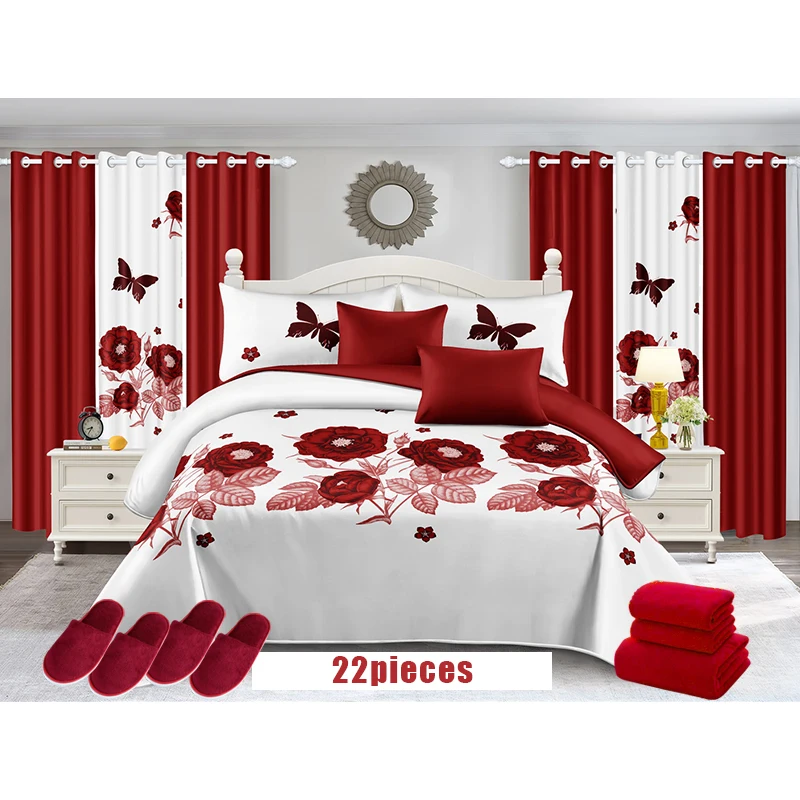 Wholesale Custom Home Bedding Sets with Matching Curtains Cotton Bedspread Set Bed Sheet 22 Pieces Curtain Bedding Set