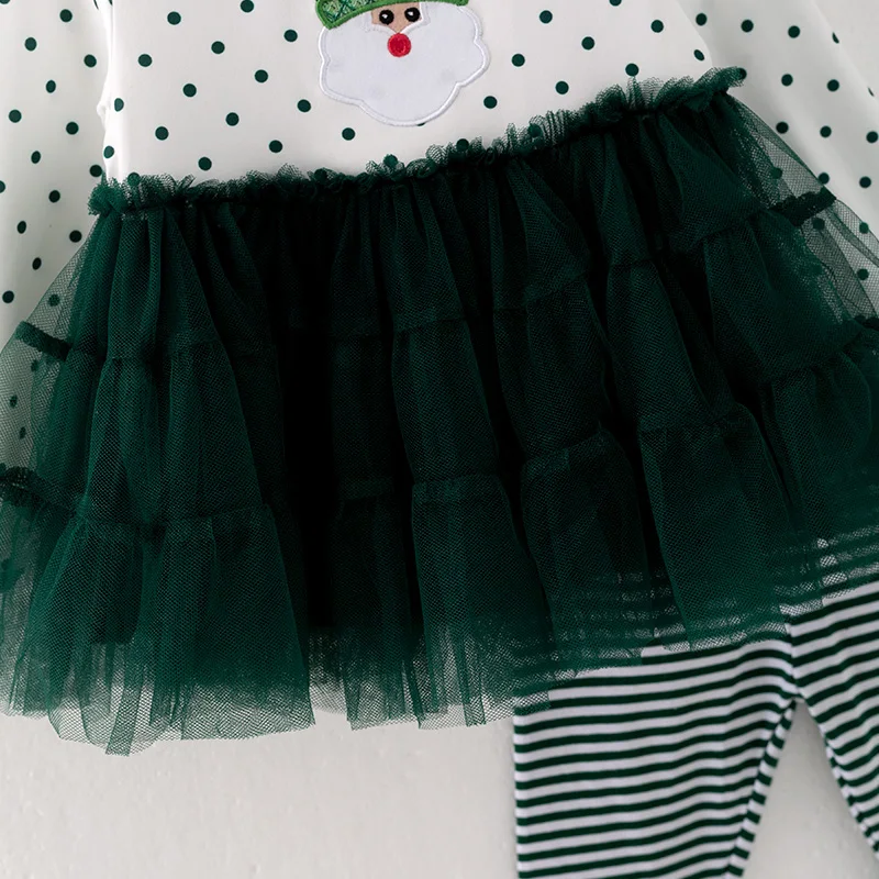 In Stock Kids Toddler Baby Girl Winter Christmas Santa Claus Embroidered Gauzy Peplum Green Striped Pants Set Outfit