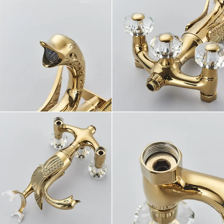 Luxury Golden Bathroom Swan Bathtub Faucet Wall Mounted Cold Hot Water Bath Shower Mixer Tap Brass Handshower Crystal handwheel