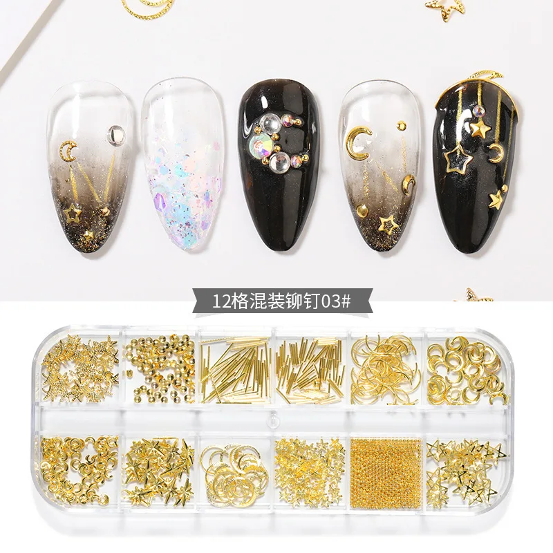 Nail Art Long Bar Box Metal Rivet Diamond Rhinestones Different Size Steel Ball Moon Marine Nail Art
