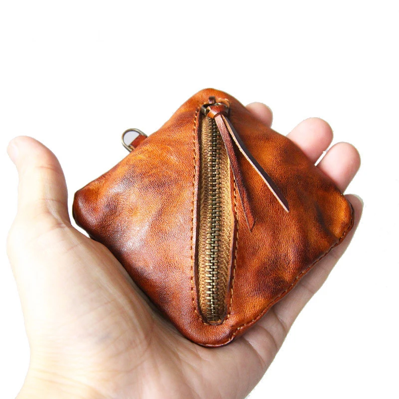 Stylish Custom Leather Coin Zipper Pouch Case Baffalo Small Mini Triangle Pyramid Square Trapezoid Fashion Tied Purse with Logo