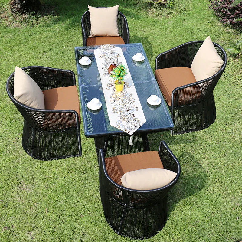 
Modern style dining table outdoor furniture black wicker dining table and chair set 