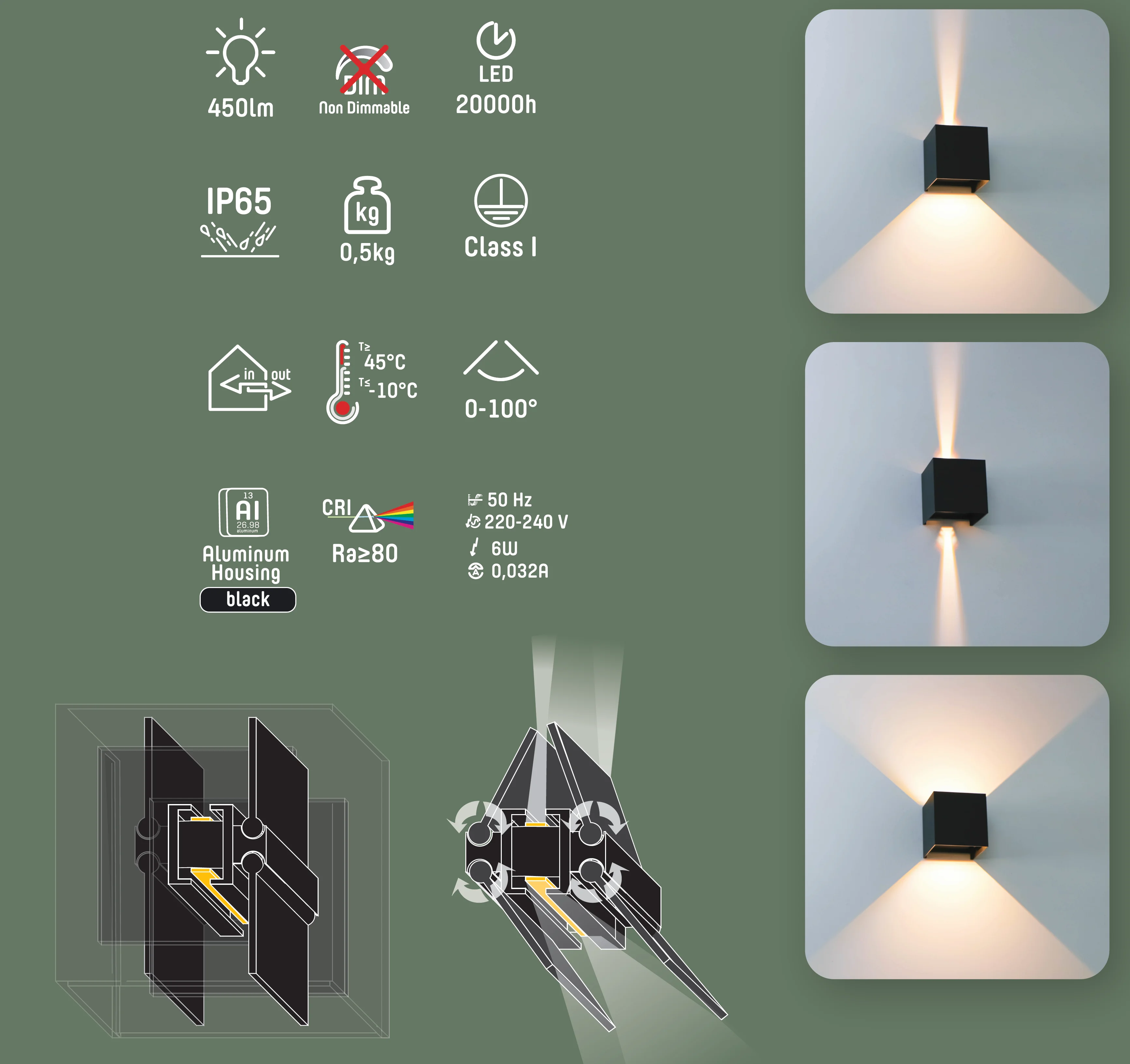 
2*3W 0-120 degree beam angle adjustable led up and down wall light 