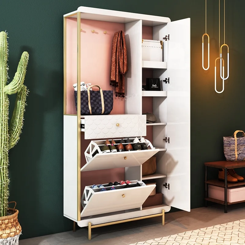 Modern Living Room Stainless Steel Frame Furniture Storage Luxury White Shoe Cabinet With Mirror