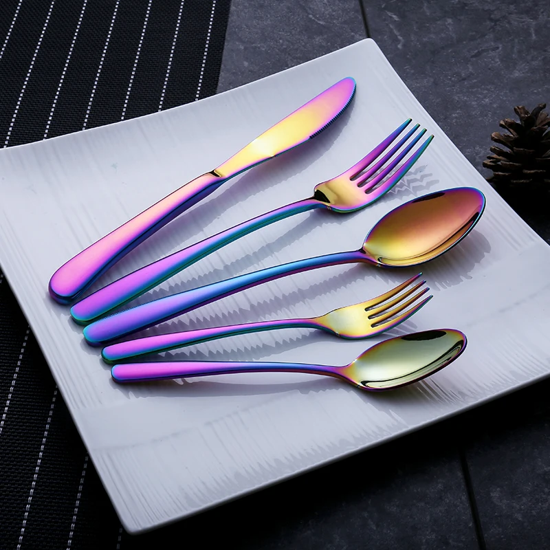 
Rainbow-colored Details Eco-friendly Reusable Set High Quality Stainless Steel Rainbow Coated Cutlery Set 