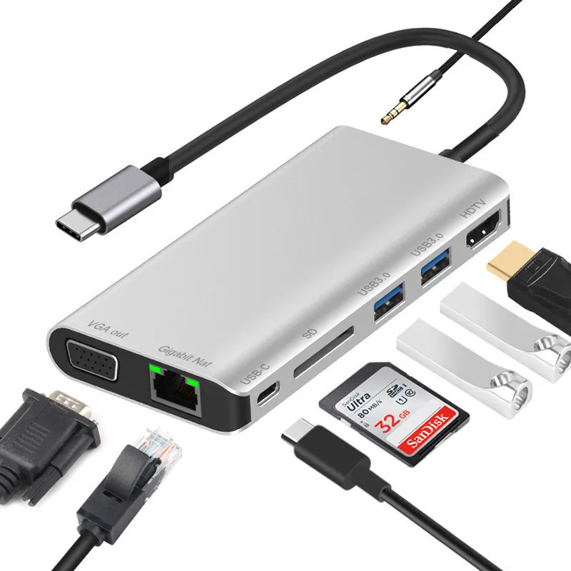 Type c Hub For Macbook USB 3.0 SD Card reader VGA HDTV Gigabit Lan USB Type C Multi Function Dock Station