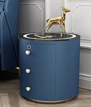 Modern Wooden Side Nightstand Table Organizer Wireless Charger Round Bedside Table Furniture Mesilla de noche Smart Nightstand