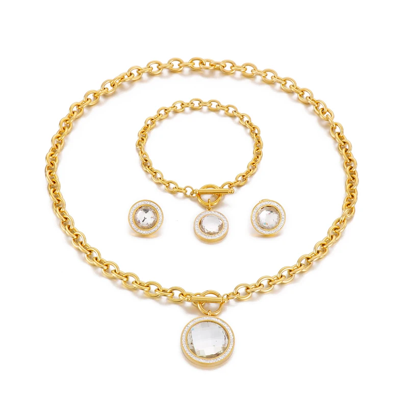Kalen Fashion Rhinestone Blue Glass Pendant Set Gold Plated Earrings Bracelet Necklace Gift Women Stainless Steel Jewelry Sets