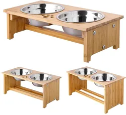 Raised Pet Bowls for Cats and Dogs, Bamboo Elevated Dog Cat Food Bowls Stand Feeder with 2 Stainless Steel Bowls