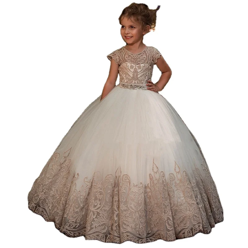 Fashion Hot Sale Photo Kids Clothes White Wedding Party Dresses Little Girls Short Sleeve Lace Ball Gown Chiffon Floral Support