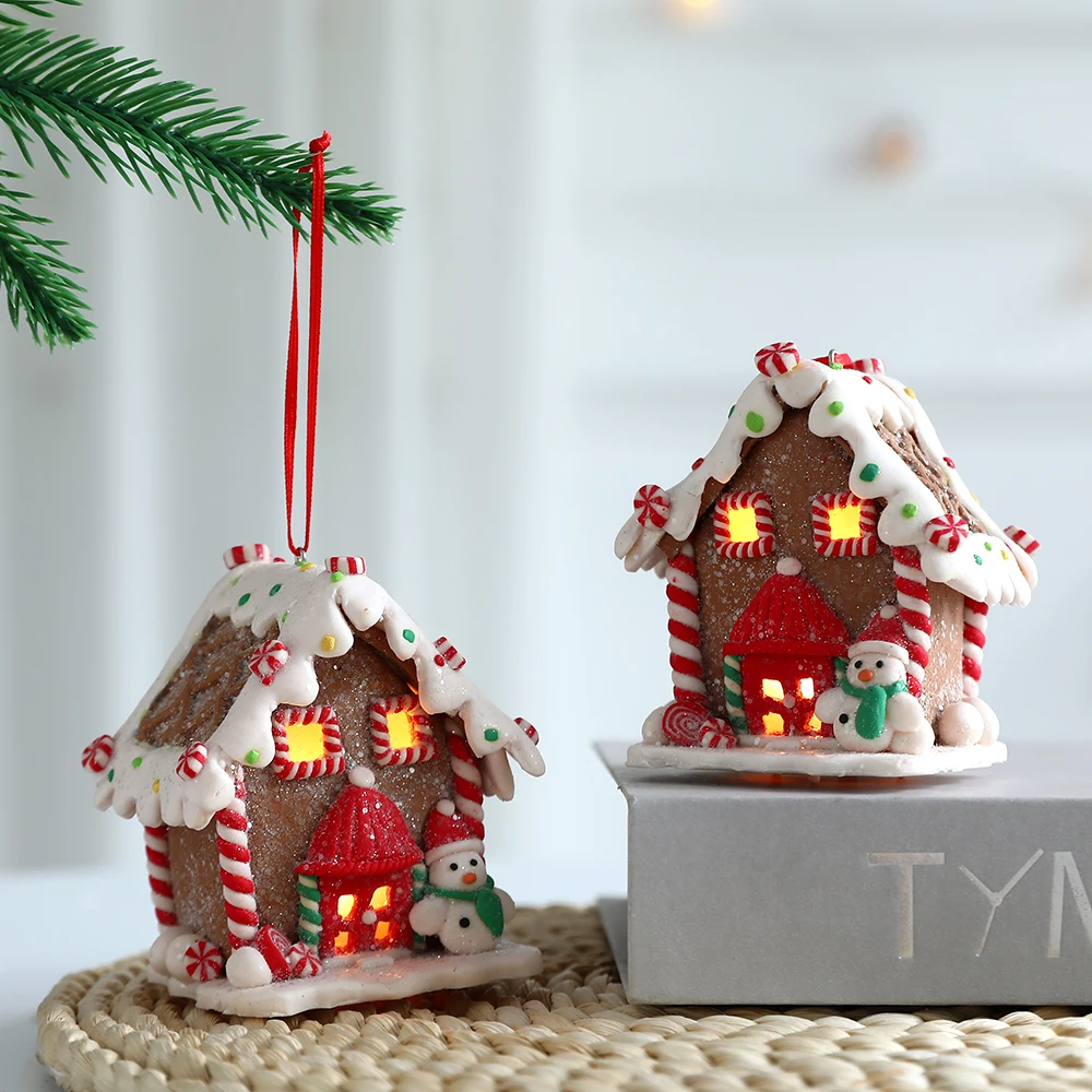 Hot Product Christmas Village House Christmas Tree Bread soil Dough Hanging Gingerbread House Ornaments Home Desktop Decoration