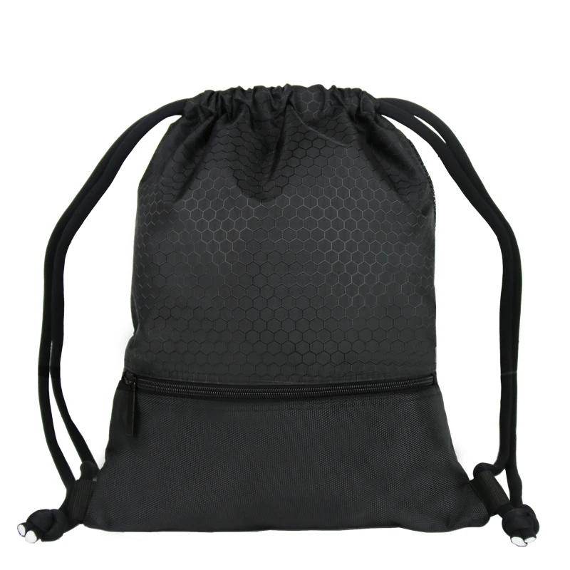 Promotional Mesh String Bags Polyester Bag With Front Zipper Pocket Drawstring Backpacks
