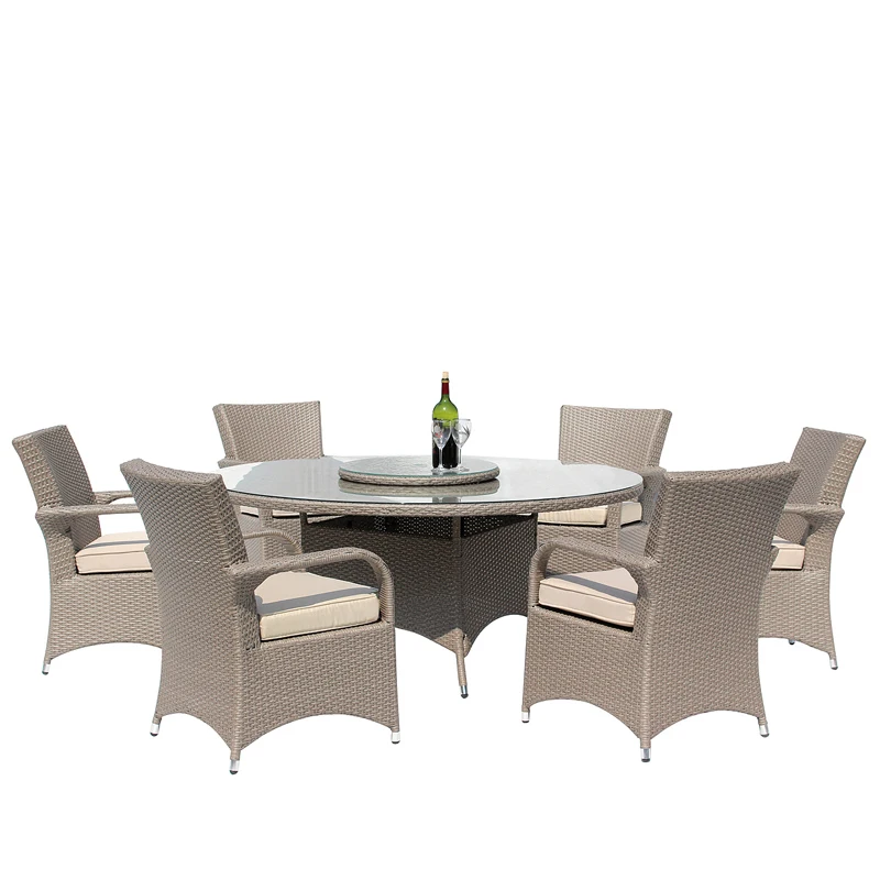 Black Patio Round dining Table Chair Outdoor Garden Cane Rattan Wicker Furniture set with 6 chairs