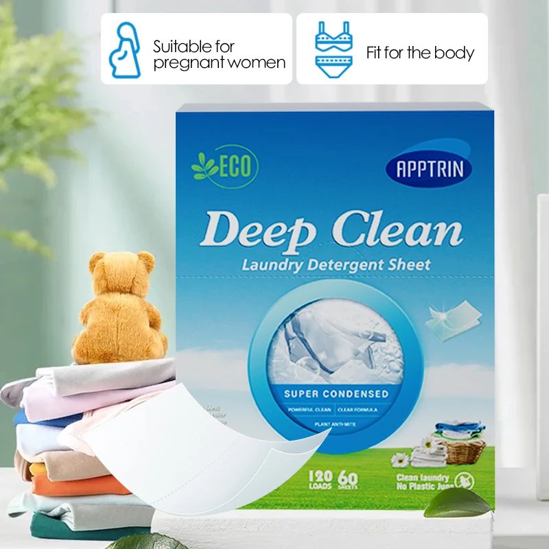 60PCS Per Box Natural Organic Paper Laundry Tablet Eco-Friendly Phosphor Free Fragrance Deep Cleaning Laundry Detergent Sheets