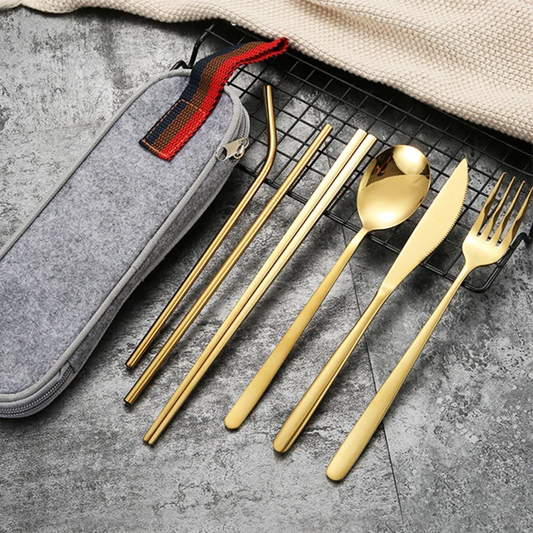 Brilliant Custom Elegant Metal Stainless Steel Spoon And Fork Flatware Sets Table Cutlery Straw Gift Set