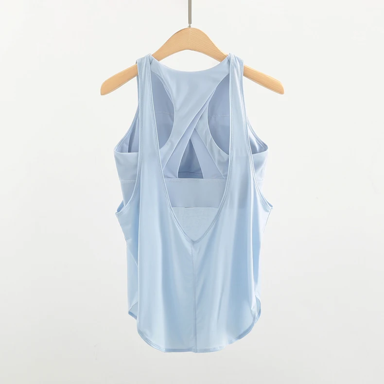 Women hollow back mesh breathable weightless loose tank top fitness sleeveless tops 2 in 1 piece