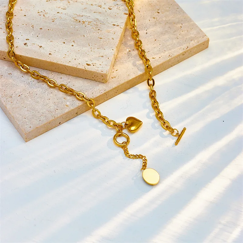 Simple Fashion 18K Gold Plated Tassels Thick Chain Stainless Steel T Buckle Love Pendant Necklace