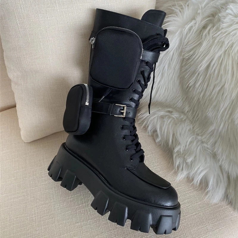 High Quality Genuine Leather Model Women Pocket Motorcycle Boots Platform Lace Up Thick-soled Knight Boots Shoes Women