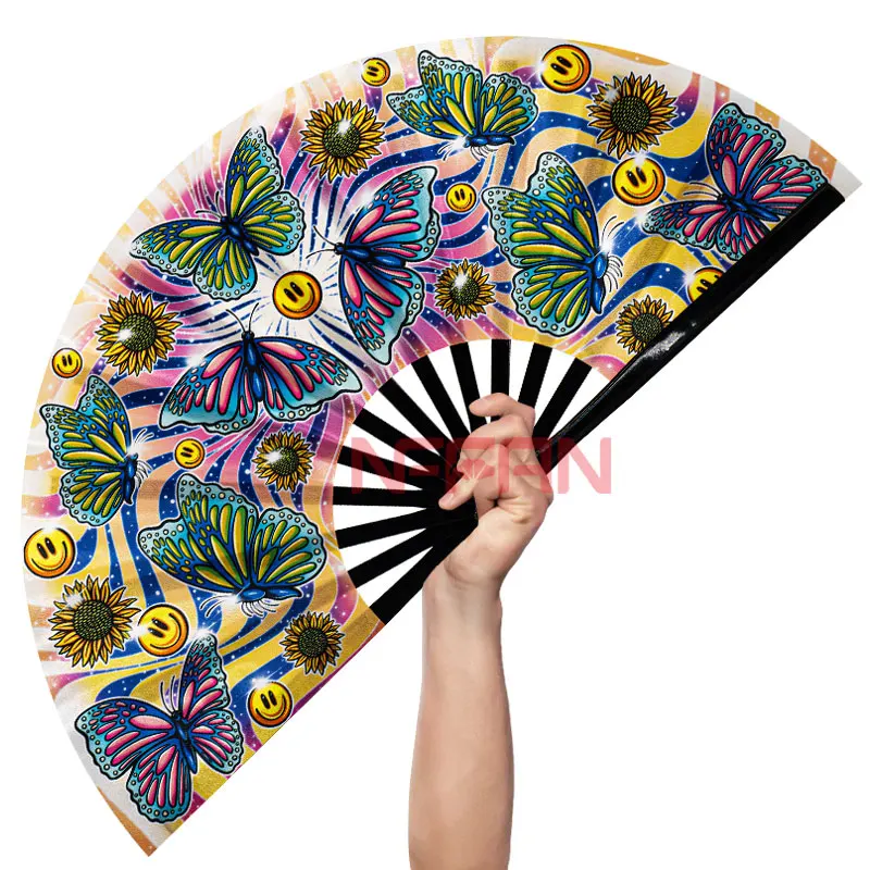 Customize 33cm Large Bamboo Folding Hand Rave Fan Clack Printed Fan