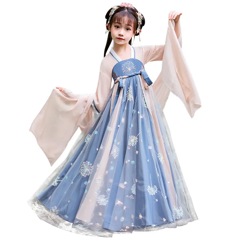 Custom Children Clothes Dandelion Pattern Embroidered Chinese National Costume Traditional Hanfu Long Sleeve Dress Girl Dresses