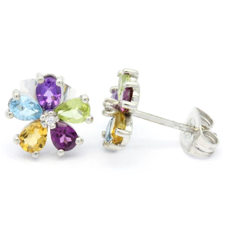 18K 14K 9K White Gold Luxury Flower diamond colorful earrings  jewelry set gift For lady