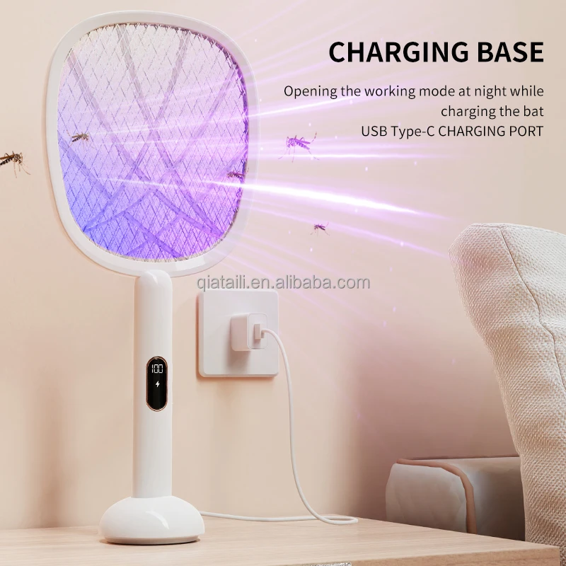 QIATAILI Tpye-C 2 in 1 Electric Fly Swatter KC Lithium Battery Bug Zapper Rechargeable Electronic Mosquitos Flies Killer