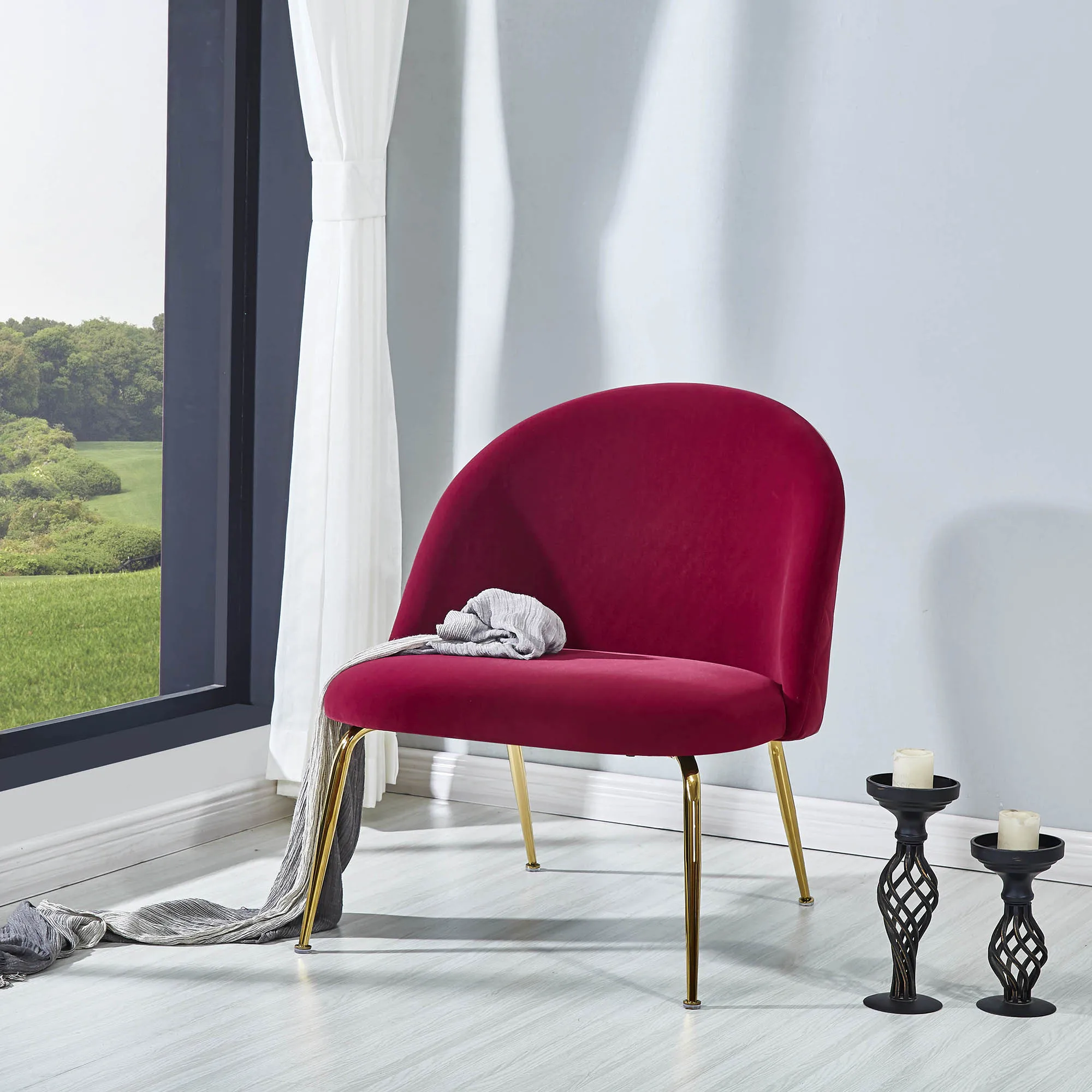 
modern luxury wine red velvet golden plating metal frame home lounge single sofa accent leisure chair for living room 