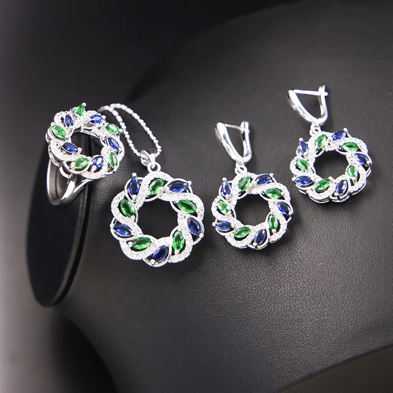 Women White Zircon Rings Necklace Heart Love Sky Blue Earrings Pendant Romantic Bracelet Set  Luxury Crystal Bridal Jewelry Sets