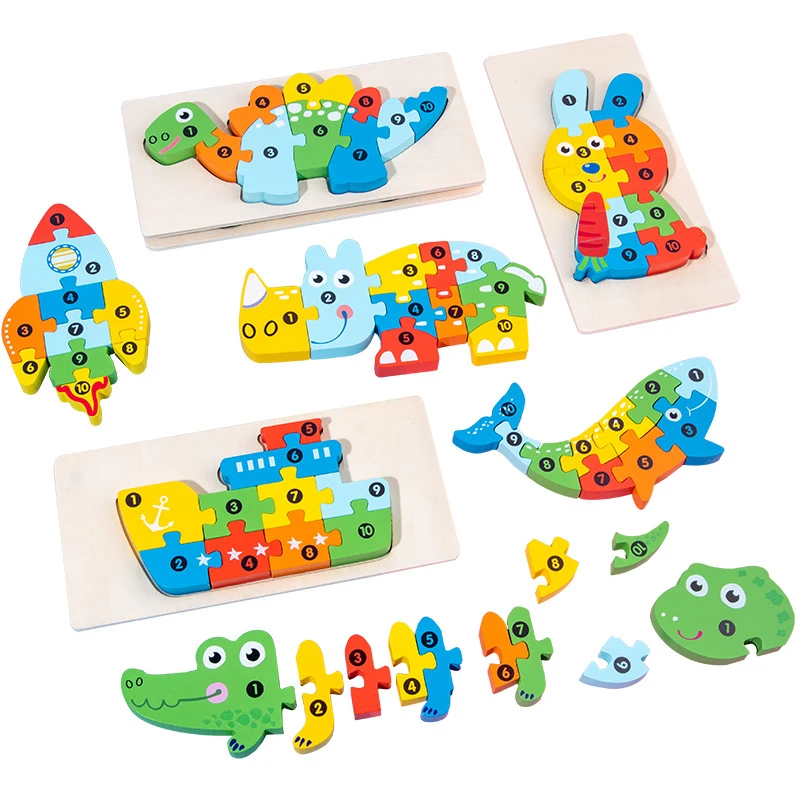 Cartoon Jigsaw Game Creative Animals Wooden Baby 3D Puzzle Math Play Education Sensory Montessori Wooden Puzzles Toys