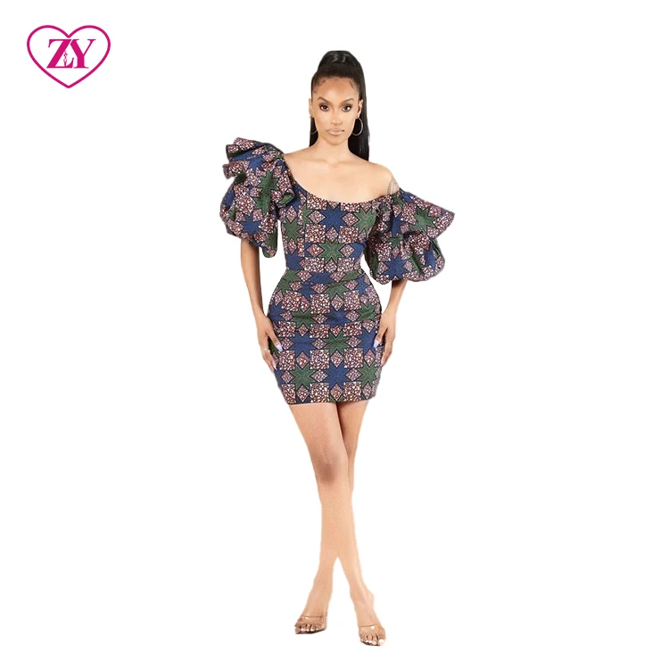 African Women Clothing Mini Styles Designs Large Puffy Sleeves African Print Casual Dress