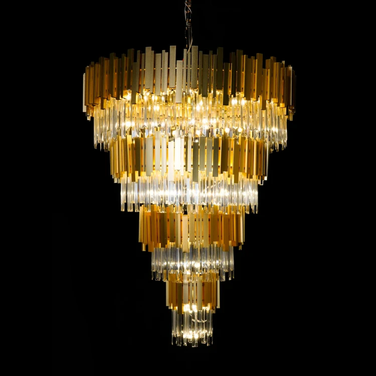 Elegant Large Ice Strip Crystal Chandeliers Light Luxury Gold Chandeliers for Wedding Halls Ceiling Decoration